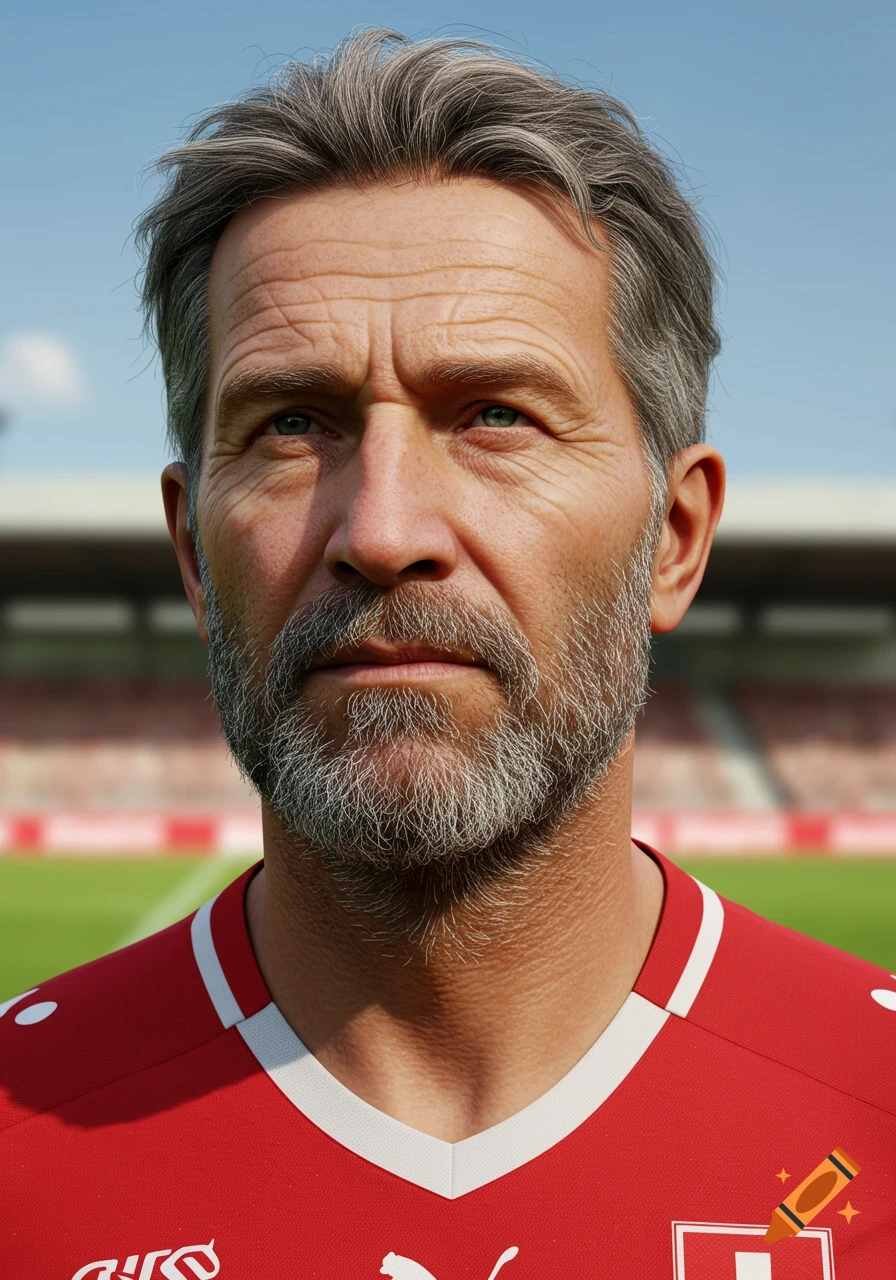 Close-up photorealistic headshot of a mature man with gray hair and beard in a red soccer jersey, standing in a stadium.
