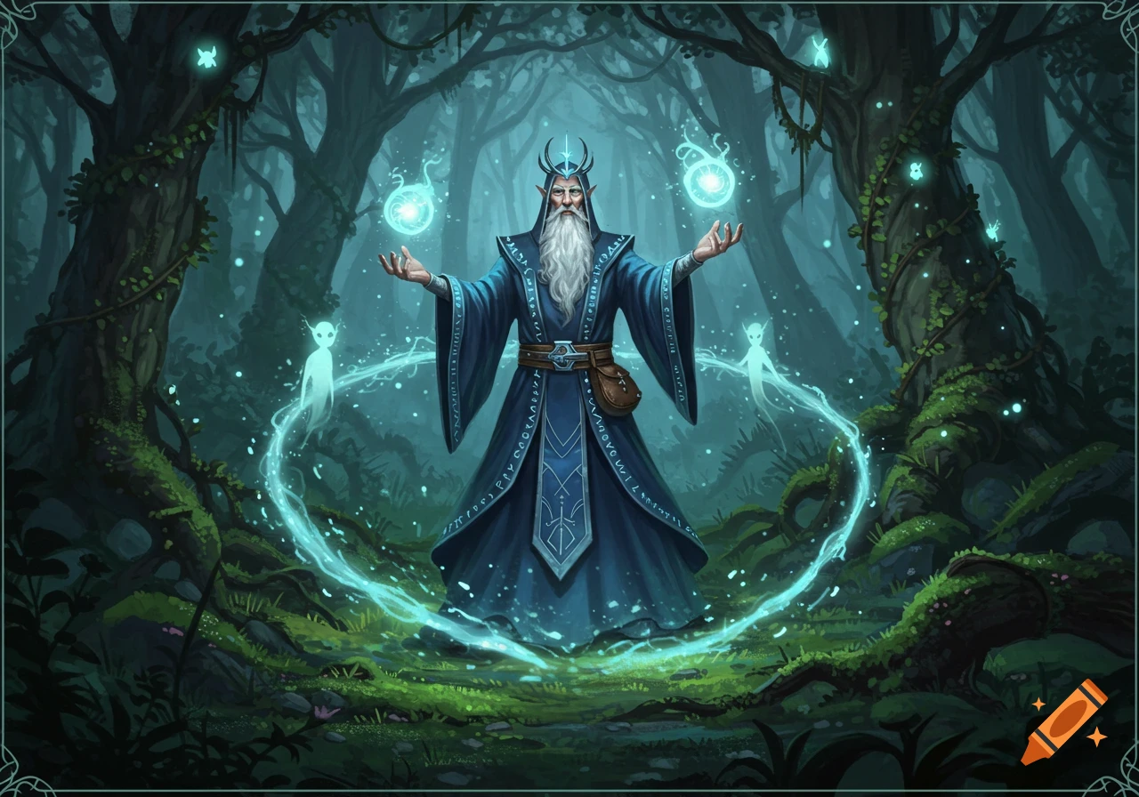 A blue-robed wizard with a long white beard stands in a magical forest, conjuring glowing blue orbs and surrounded by ethereal spirits.