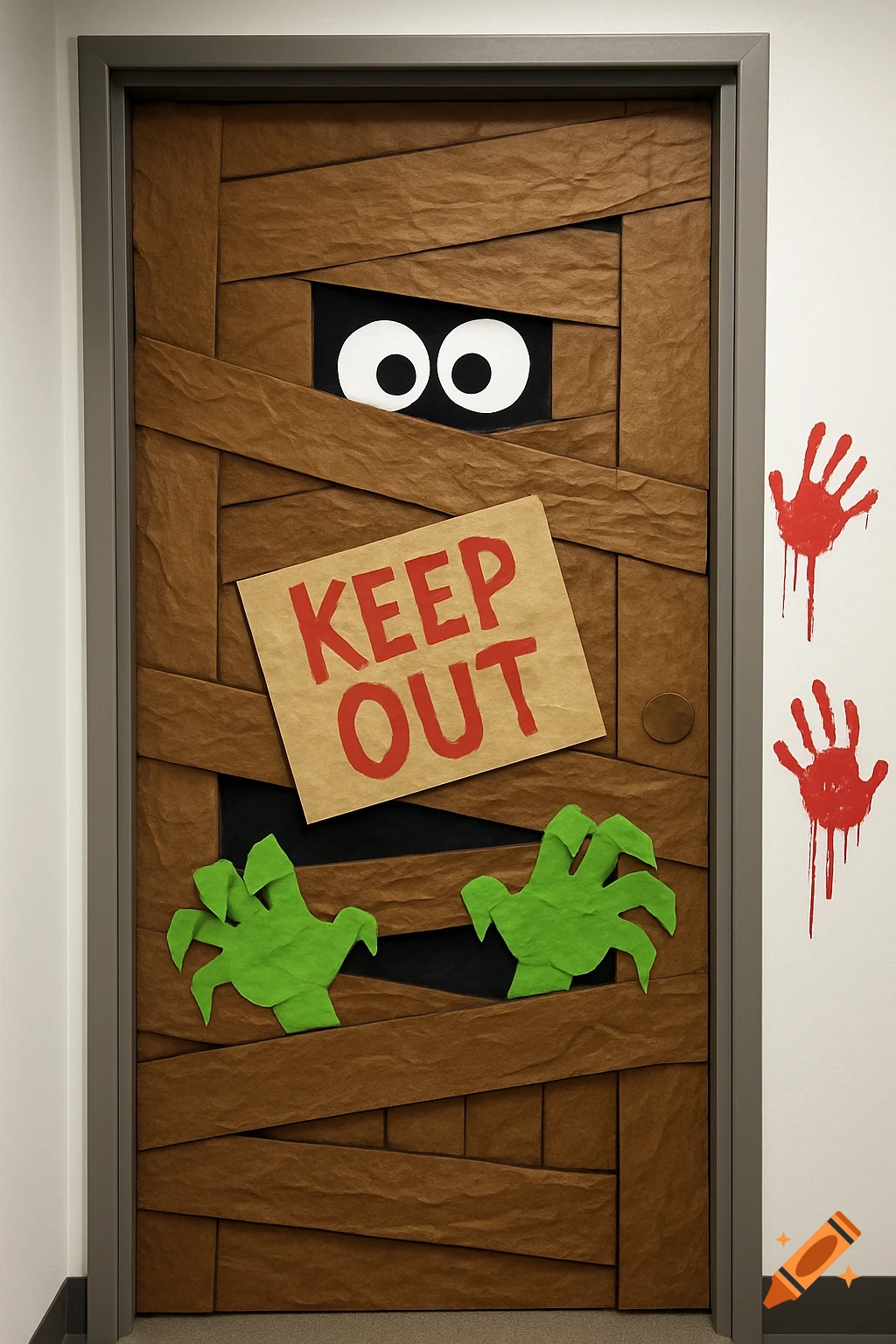 A door decorated for Halloween to look like a mummy or crate, with cartoon eyes, green monster hands, a 'KEEP OUT' sign, and red handprints on the wall.