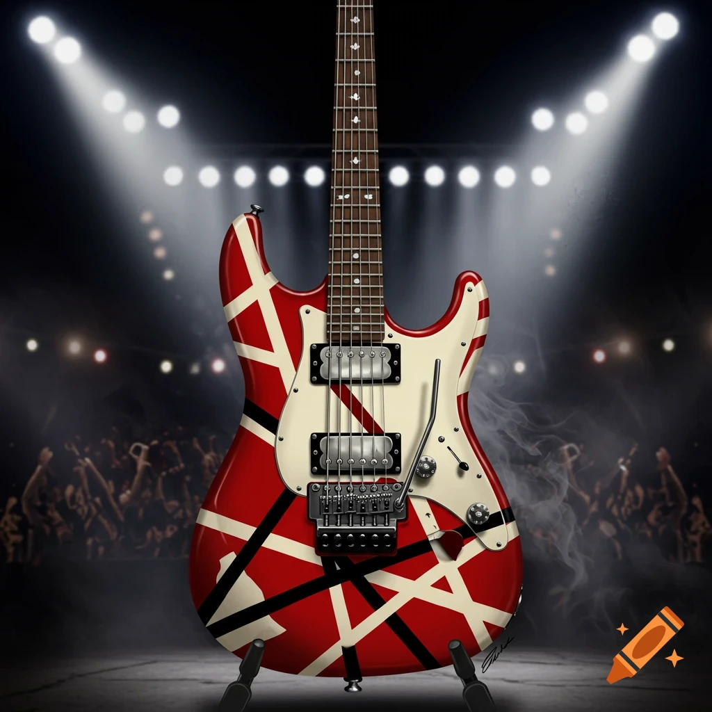 A red, white, and black striped electric guitar with zebra pickups on a stand under spotlights on a concert stage with a blurry crowd.