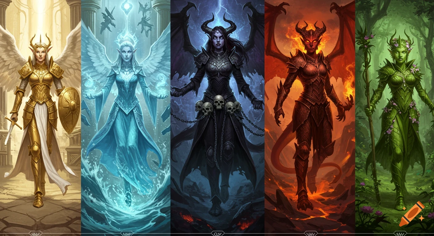Five detailed female fantasy characters representing Magic: The Gathering mana colors: golden angel, blue mage, dark demoness, red dragon, green priestess.