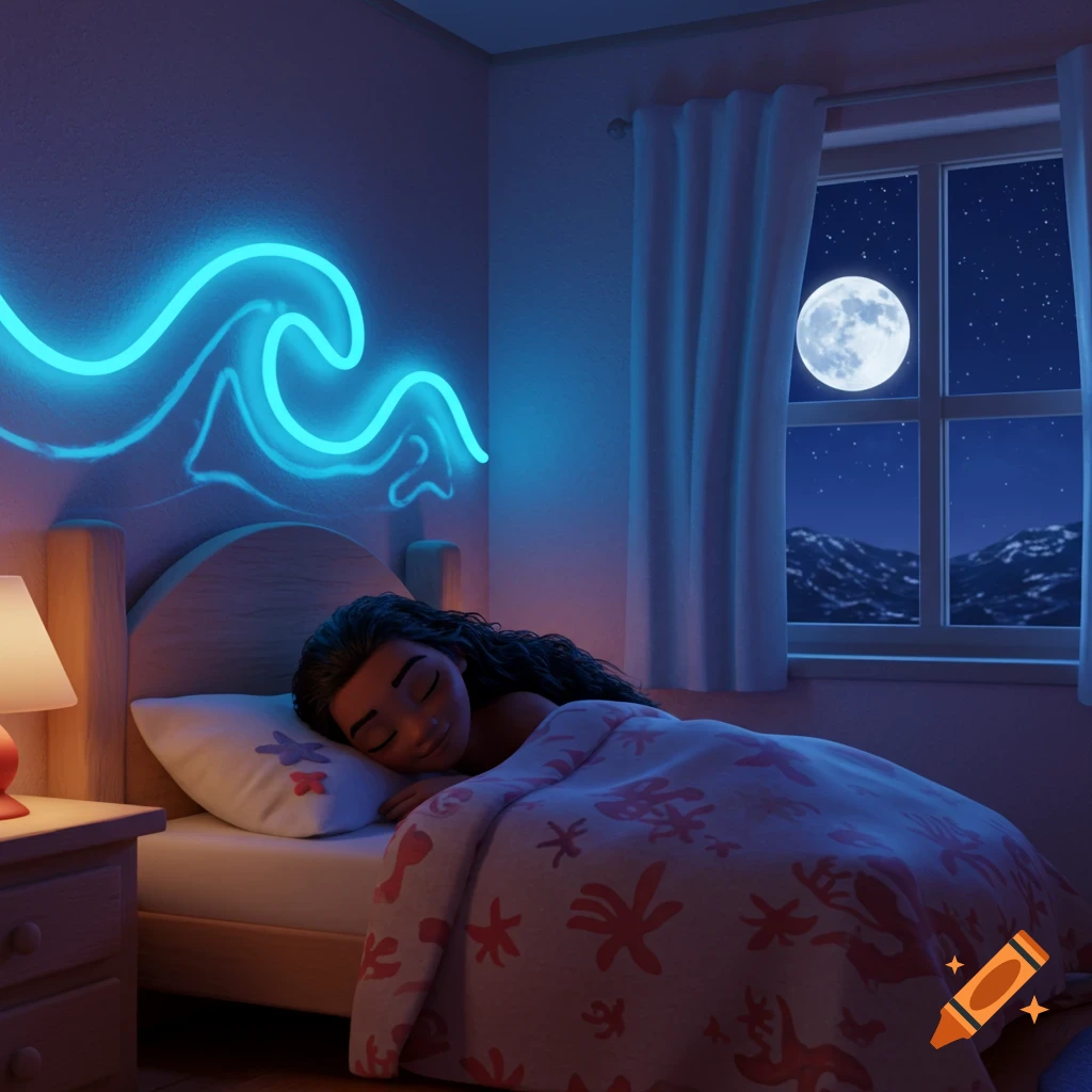 Animated Moana sleeps peacefully in a cozy bedroom with a blue wave neon light, glowing full moon, and starry night sky outside.