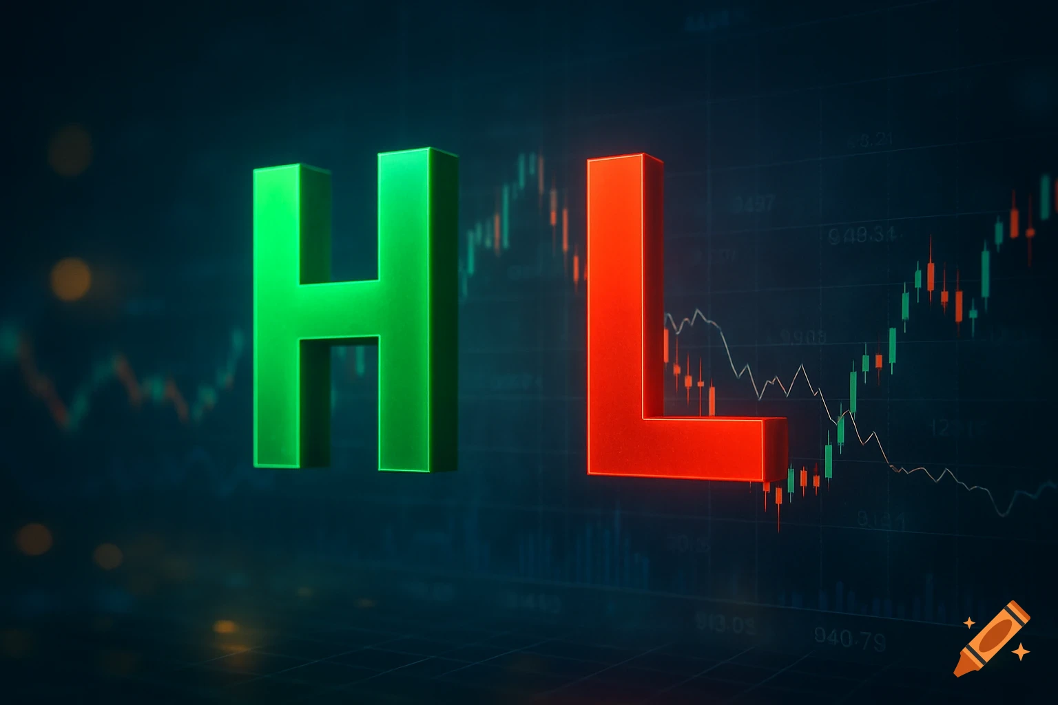 A vibrant green letter H and a striking red letter L hover above a dark, blurry background featuring stock market charts with green and red candlesticks.