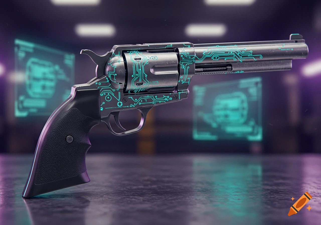 A futuristic Cattleman revolver with glowing teal circuit board patterns on its metallic body, set in a dimly lit cyberpunk-style environment.