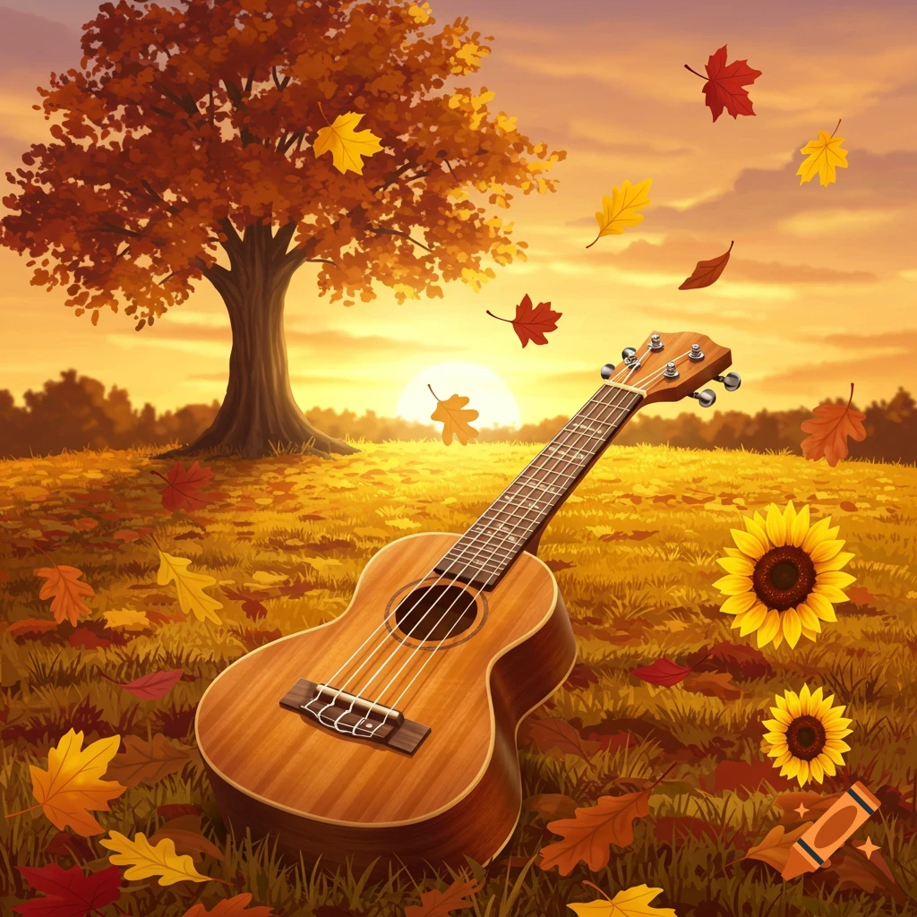A ukulele rests in a field of golden grass and autumn leaves with sunflowers, under a sunset sky and a large tree.