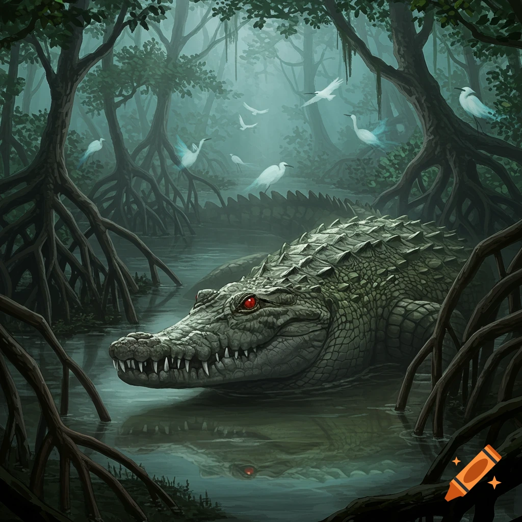A menacing crocodile with glowing red eyes lurks in a dark, misty mangrove swamp with white birds flying overhead.