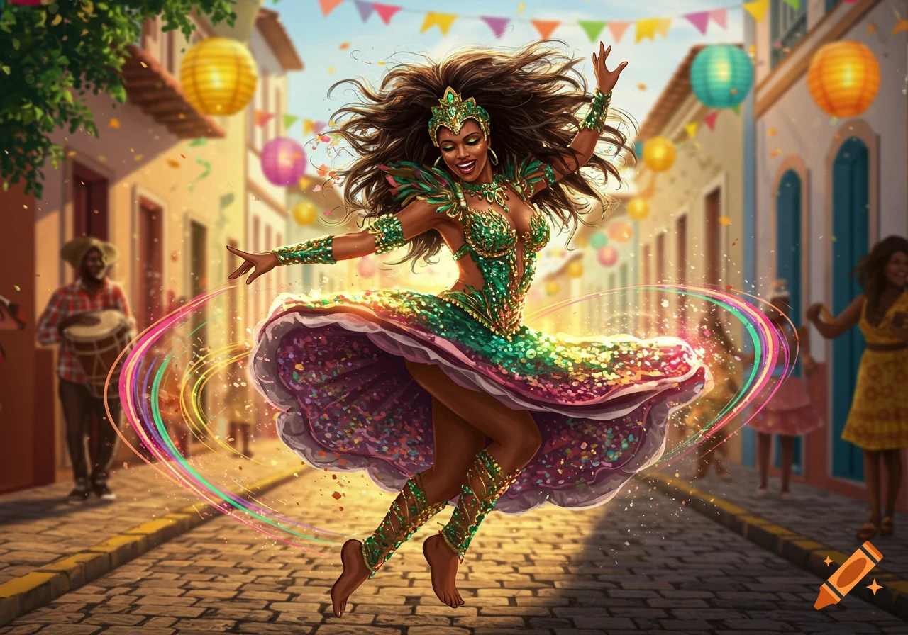 Vibrant illustration of a Brazilian dancer in an elaborate green sequined costume, twirling on a festive street with confetti and colorful lanterns.