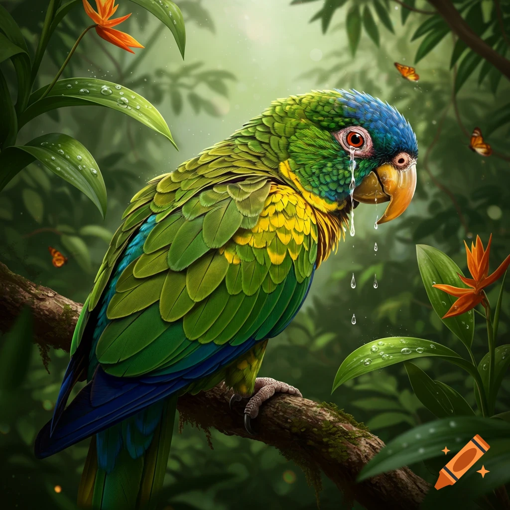 A colorful green, blue, and yellow parrot with red, teary eyes weeps on a mossy jungle branch.
