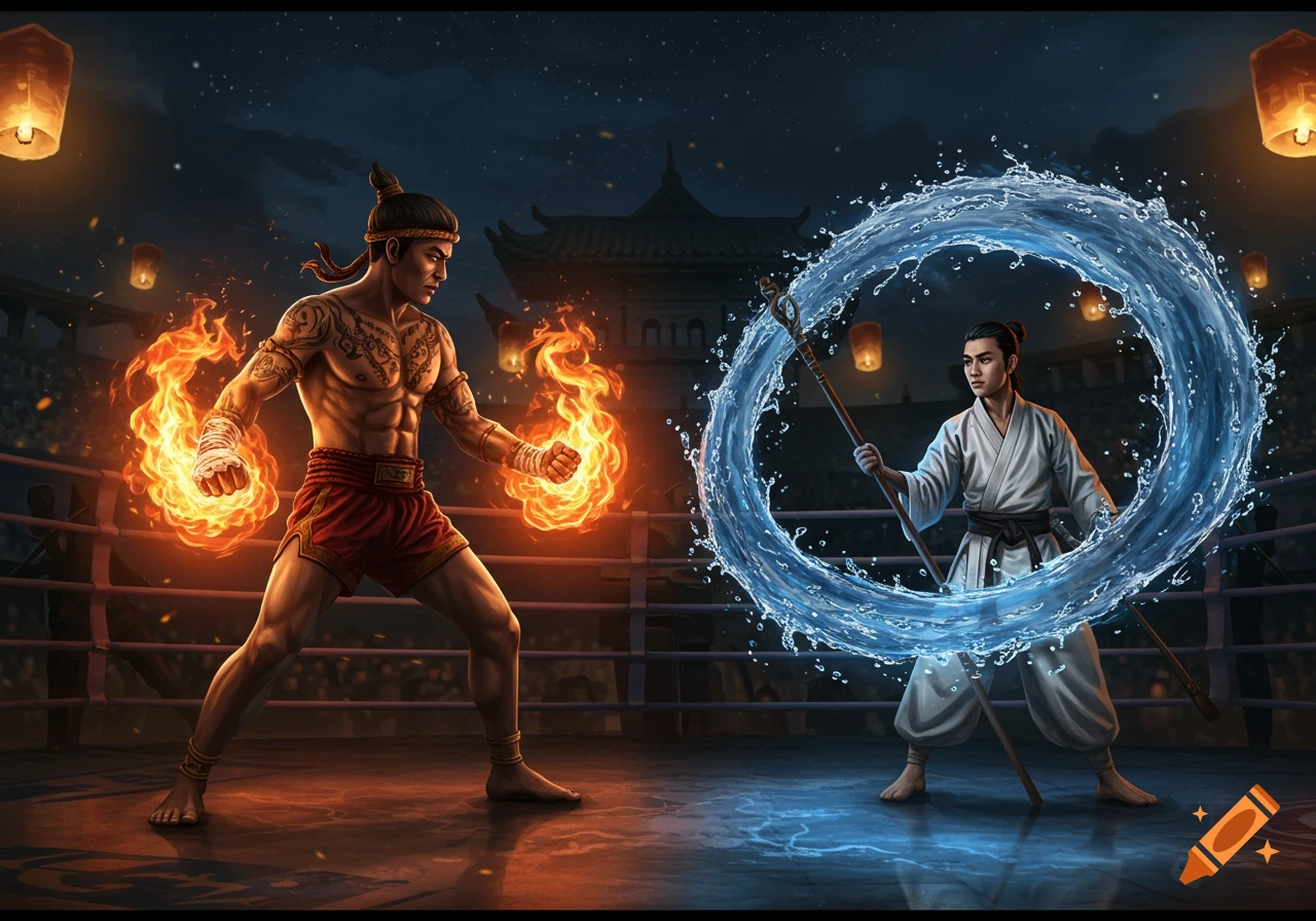 A Muay Thai fighter with fire fists battles a Karate fighter wielding a staff and water magic in a ring under a night sky with lanterns.