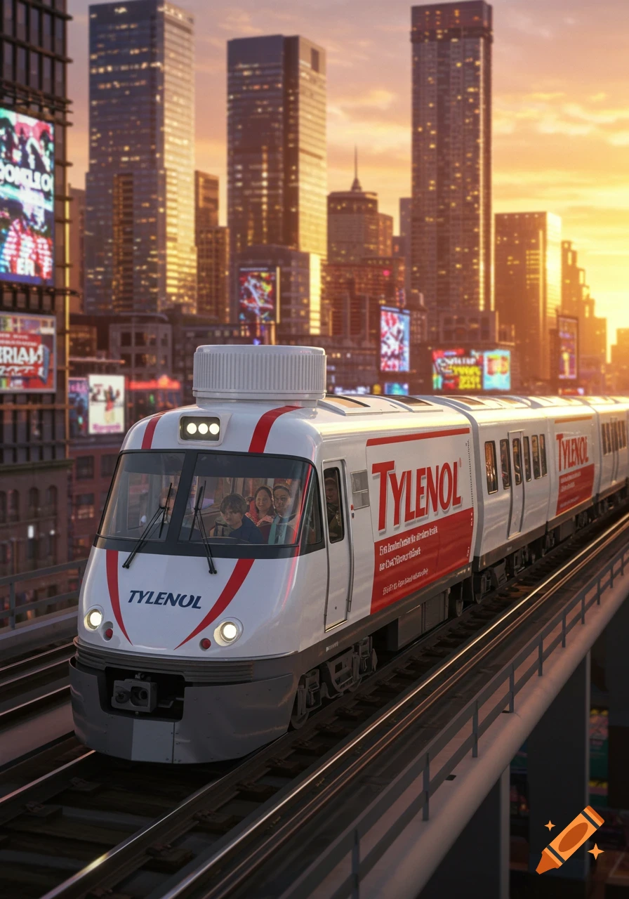 A photorealistic Tylenol bottle-themed train on an elevated track in a city at sunset.