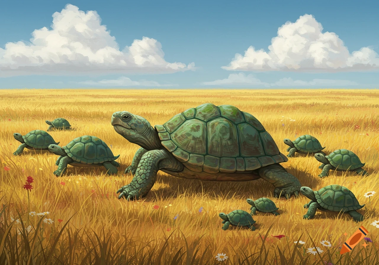 A large mother turtle leads a group of smaller turtles across a golden grassy plain under a blue sky, in a painted style.
