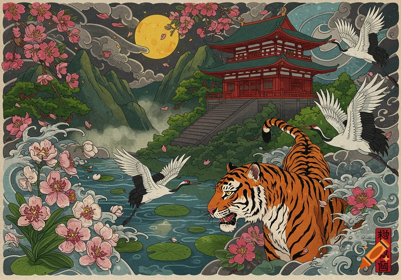 A stylized Japanese art piece depicts a red temple on a mountain, a tiger by a pond, flying cranes, and pink cherry blossoms under a full moon.