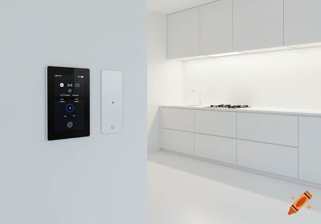 A photorealistic image of a minimalist, modern white kitchen with smart home control panels on the wall.
