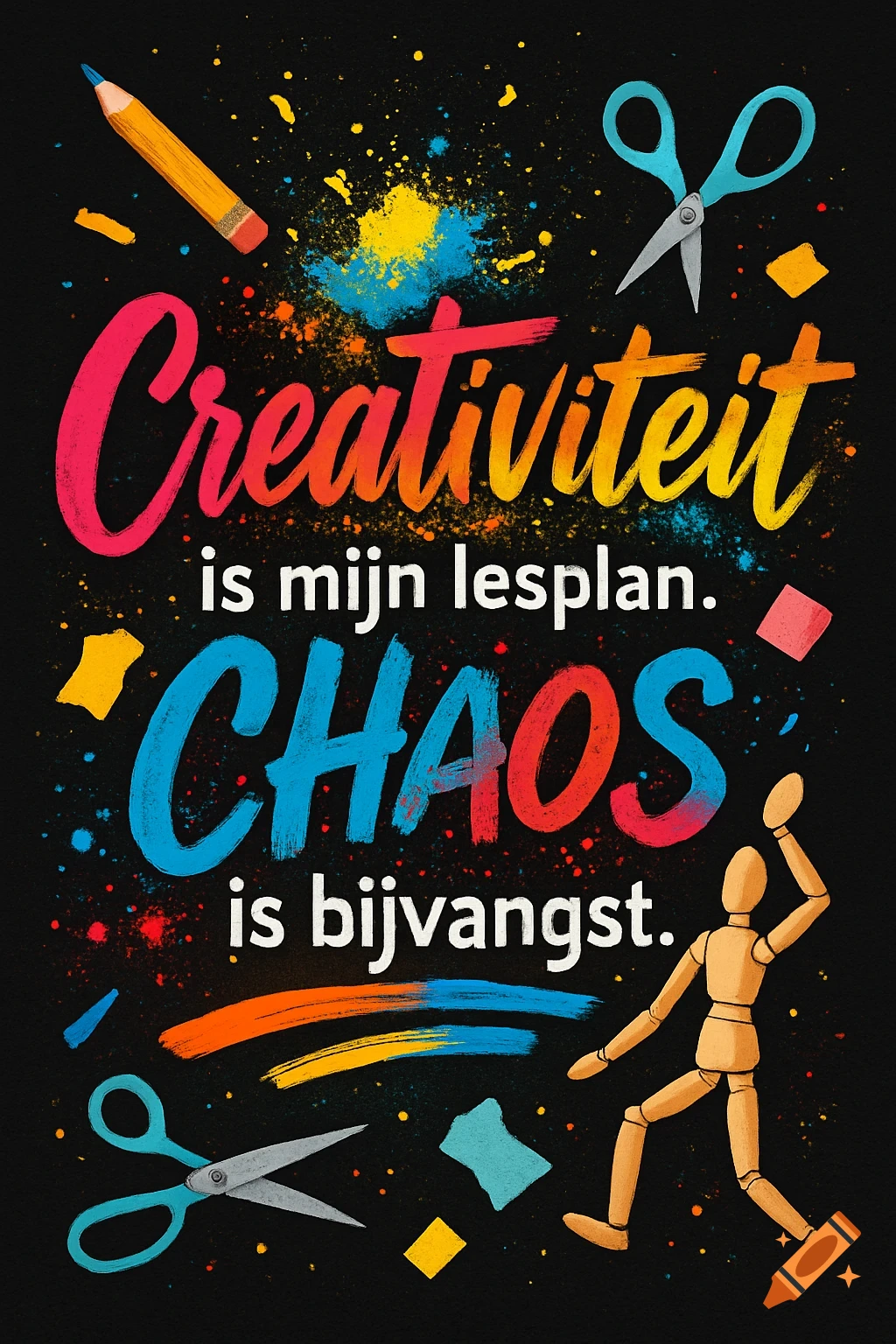 A colorful, vibrant design on a black background featuring the Dutch text "Creativiteit is mijn lesplan. CHAOS is bijvangst." with art supplies like a pencil, scissors, paper, and a wooden mannequin.