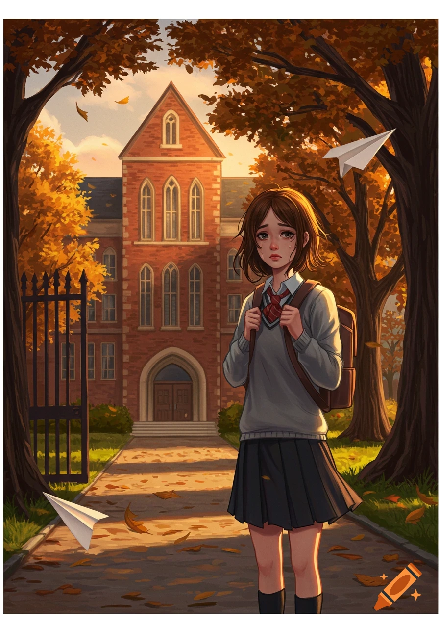 An anime-style schoolgirl with a backpack cries in front of a brick school building amidst autumn trees and fallen leaves, with paper airplanes flying.