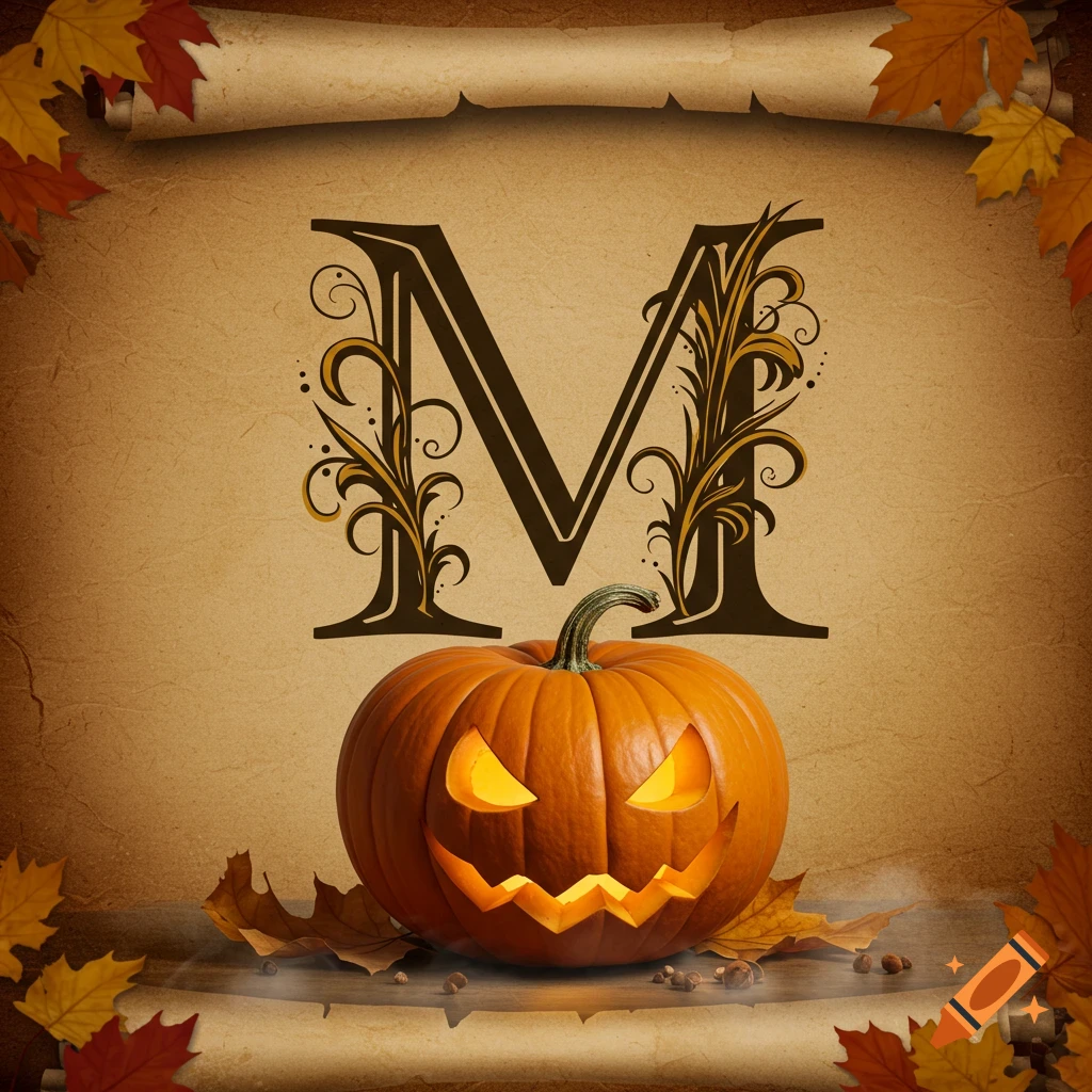 A decorative capital letter M above a glowing jack-o'-lantern on a vintage paper background with autumn leaves.
