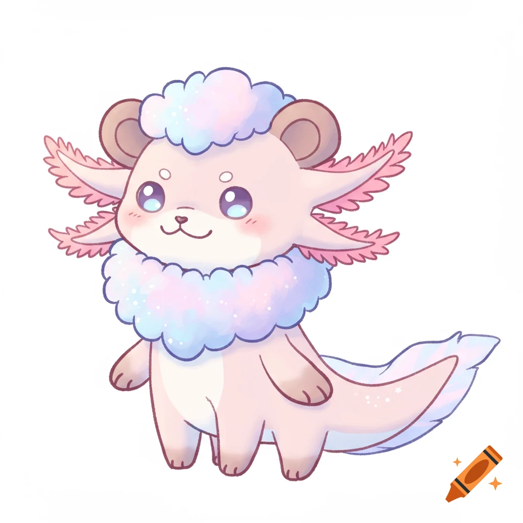 A cute chibi pink fantasy animal with axolotl gills, bear ears, and a fluffy pastel collar, in cartoon style.