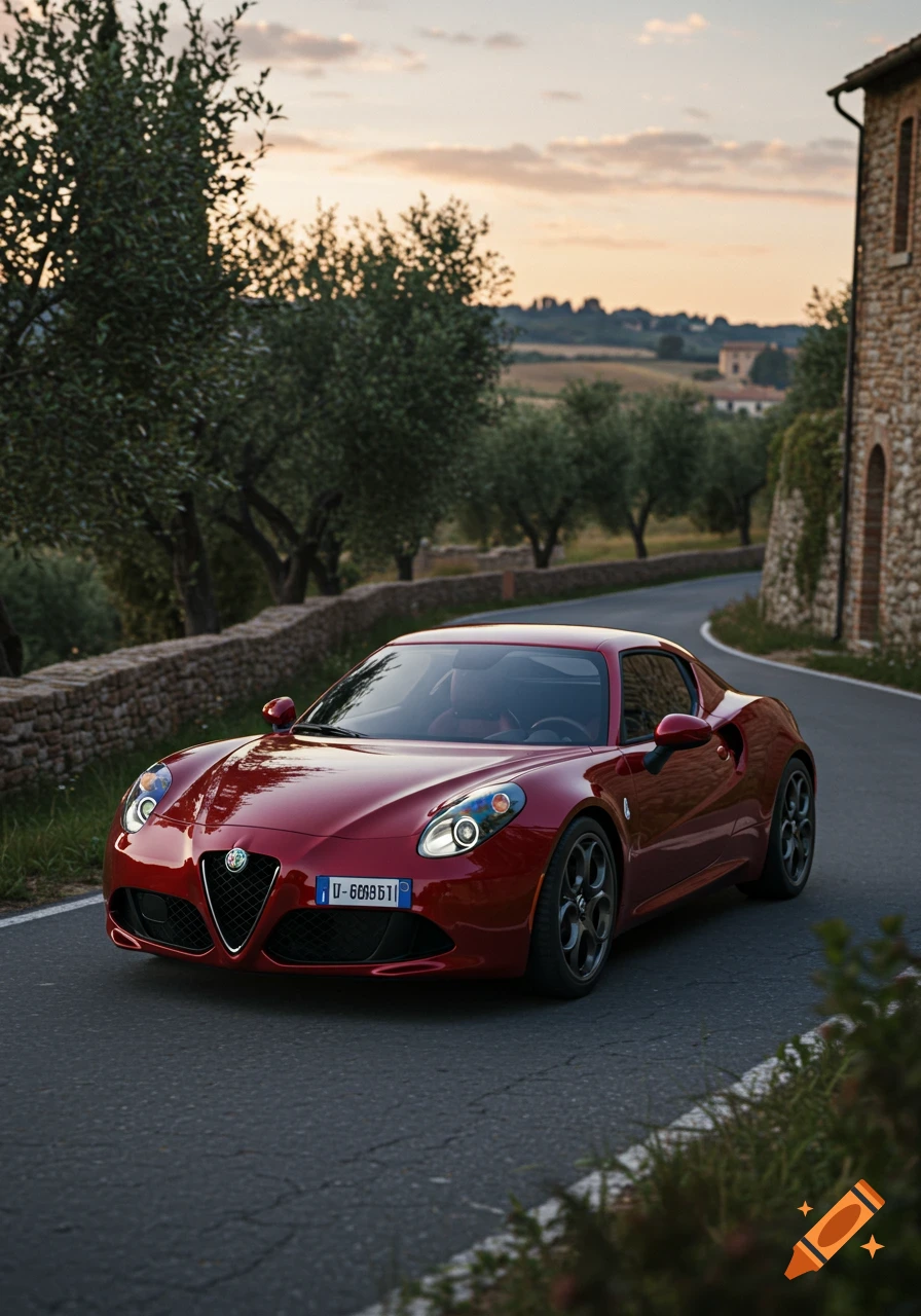 A sleek red Alfa Romeo sports car drives on a winding road through a picturesque countryside with olive trees and stone buildings at sunset.