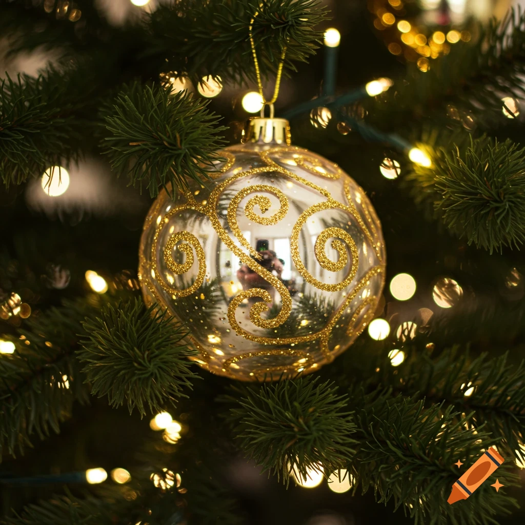 A close-up of a clear Christmas ornament with gold glitter swirls, reflecting its surroundings, hanging on a lighted green Christmas tree.
