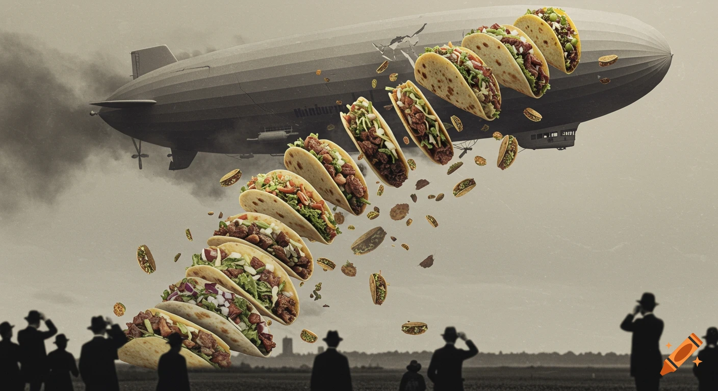 A large zeppelin explodes into tacos raining down, observed by silhouetted figures on the ground, in a grainy sepia-toned style.