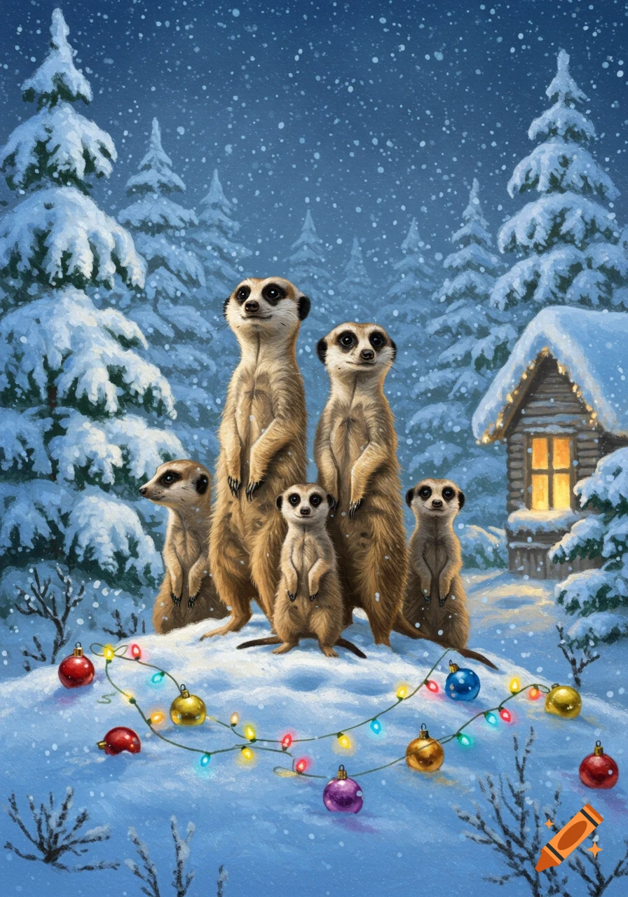A family of meerkats stands in a snowy forest decorated with Christmas lights and ornaments, with a glowing cabin in the background.