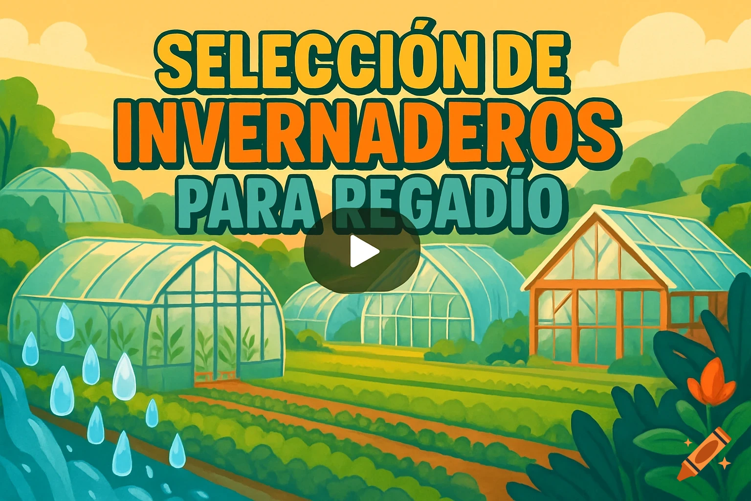 Animated illustration of multiple greenhouses, cultivated fields with irrigation, and a video play button with a title on a sunny day.