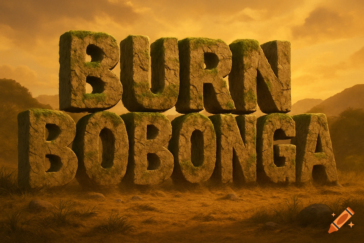 Large, mossy stone letters spell 'BURN BOBONGA' in a golden, primitive landscape under an orange sky.
