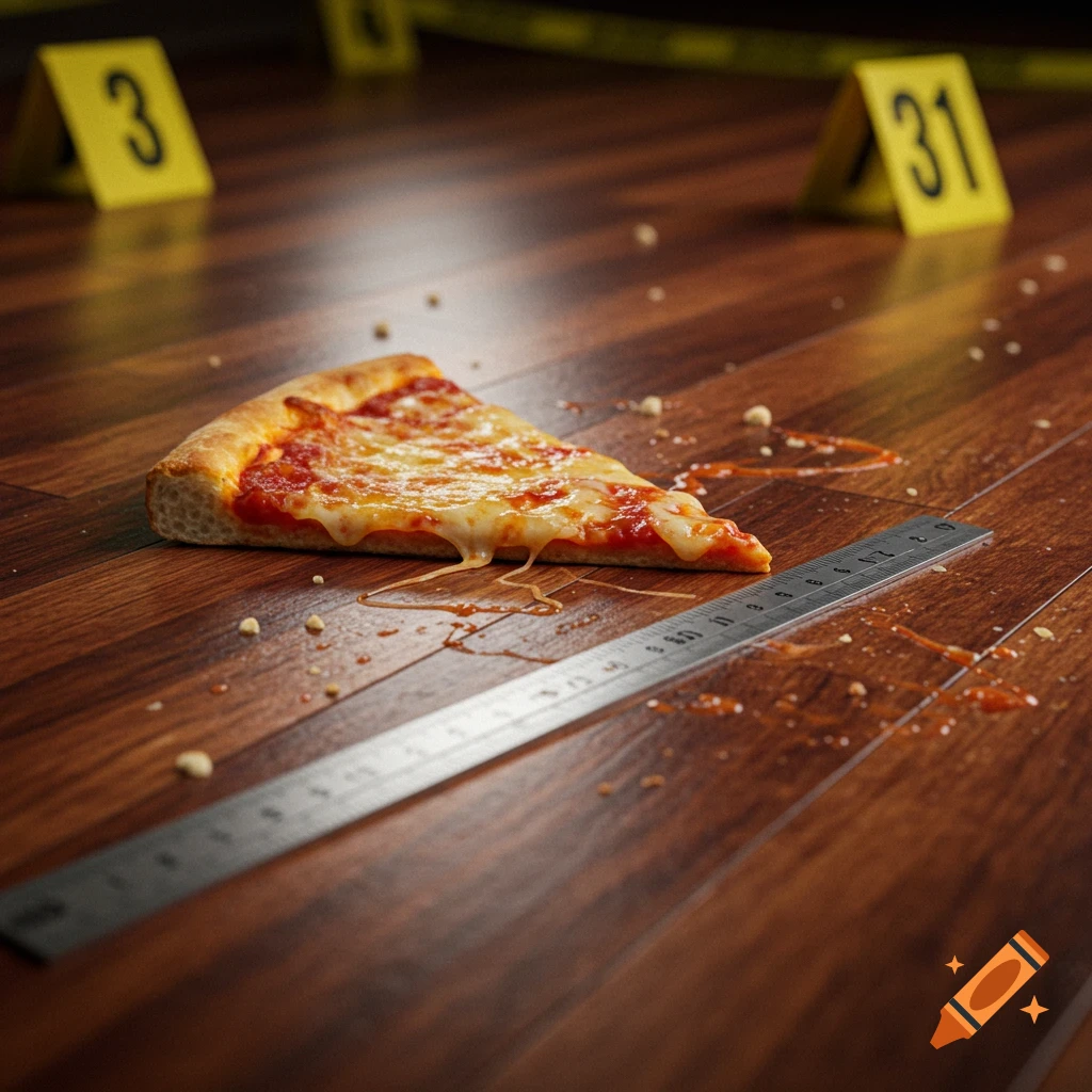A photorealistic close-up of a pizza slice on a dark wooden floor with smeared sauce, a ruler, and yellow crime scene markers numbered 3 and 31.