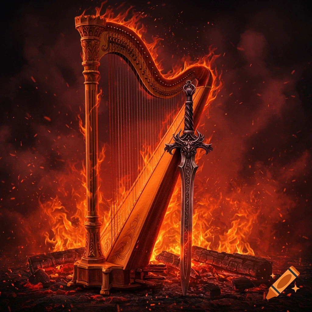 A gothic harp and an ornate sword stand engulfed in vibrant red flames and embers against a dark background.