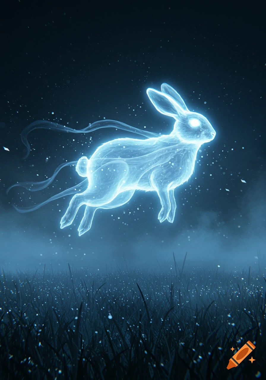 A glowing ethereal blue rabbit floats above a field of dark grass under a dark, starry sky, resembling a ghost.