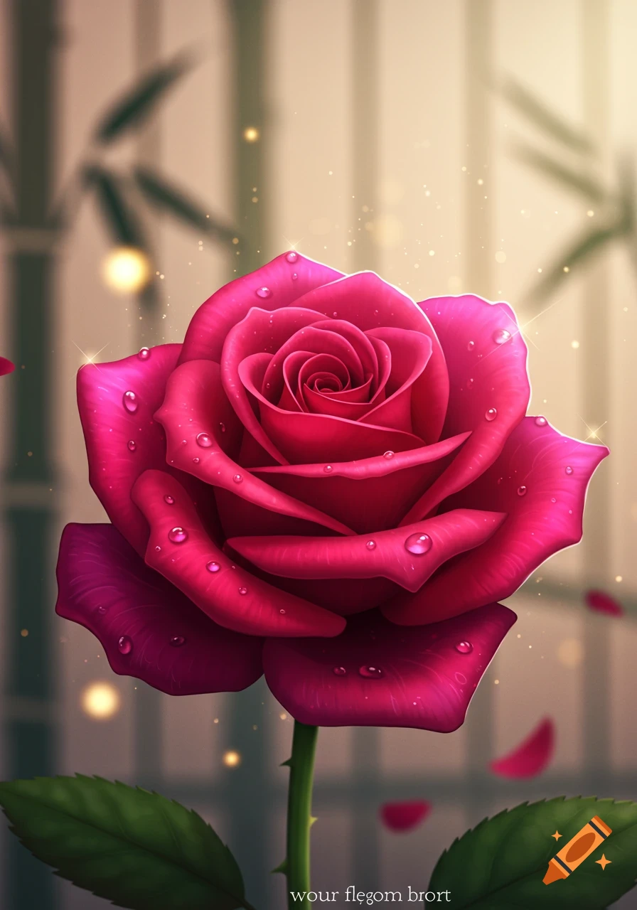 A vibrant pink anime-style rose with glistening water droplets on its petals, set against a soft, blurred background with bamboo.
