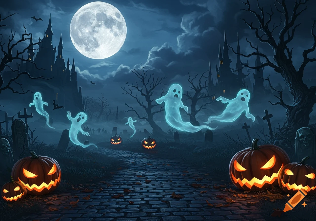 A full moon shines over a spooky Halloween scene with a castle, ghosts, jack-o'-lanterns, and bare trees on a cobblestone path.