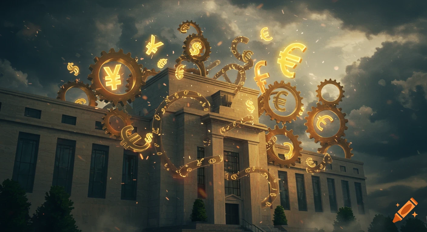 A dramatic 3D animation of a federal building with glowing golden currency symbols (Yen, Dollar, Euro) and gears swirling under a stormy sky.