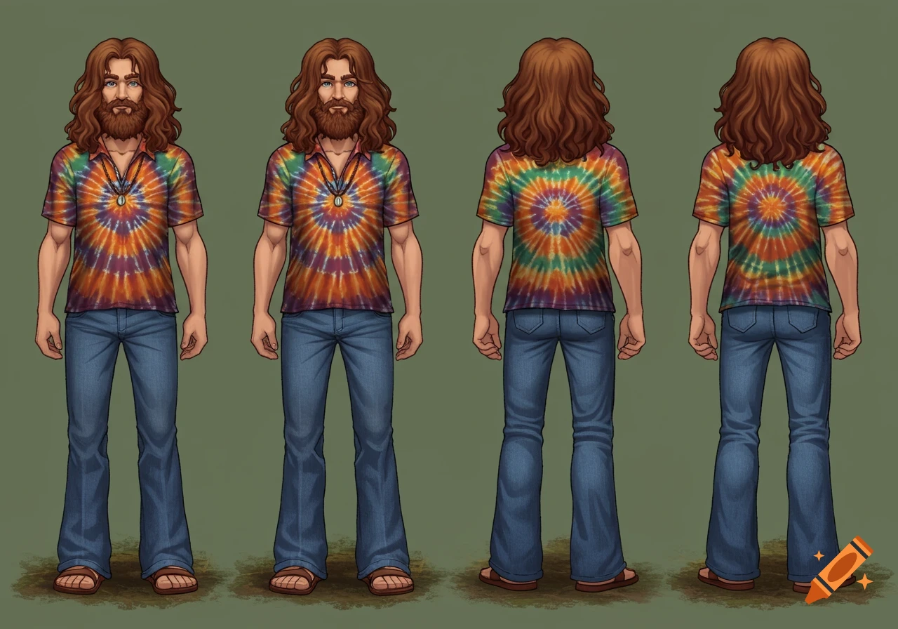 A turnaround sheet of a male hippie character with long brown hair and beard, wearing a colorful tie-dye shirt, blue bell-bottom jeans, and sandals.