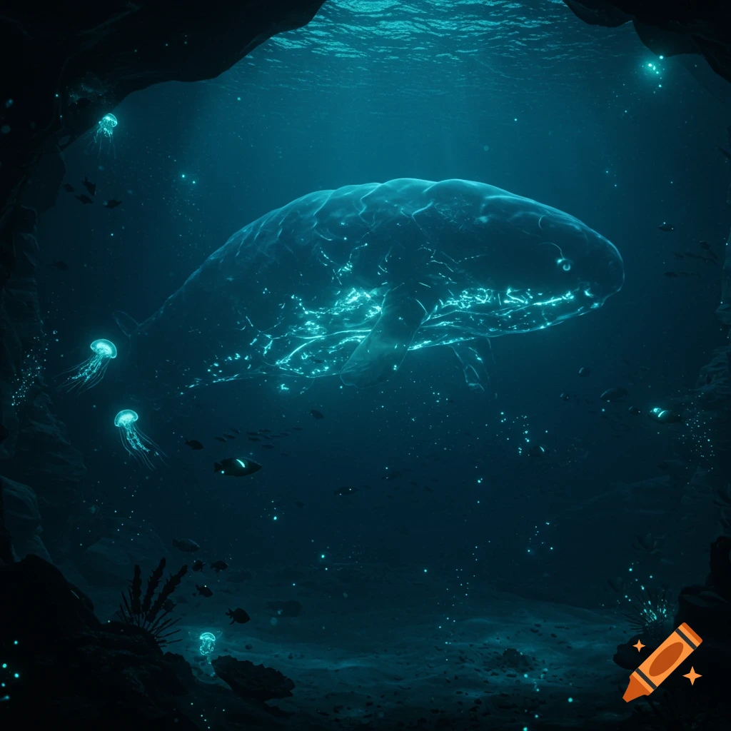 A bioluminescent whale-like creature and glowing jellyfish swim in a dark underwater cave with scattered light.