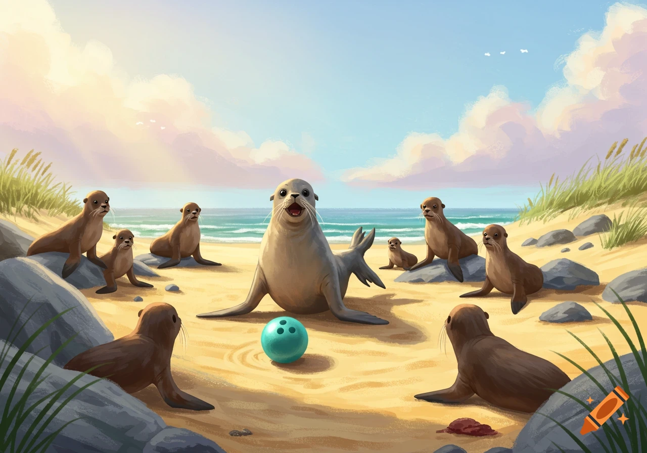A central seal smiles with open mouth, surrounded by several smaller seals and a blue bowling ball on a sandy beach.