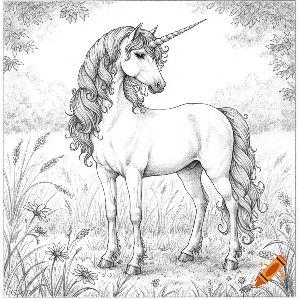 Pencil drawing of a majestic unicorn with flowing mane and tail, standing in a meadow with flowers and tall grass.