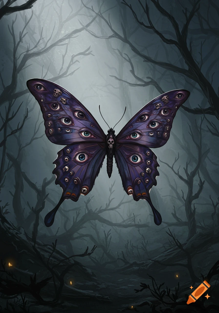 A dark purple butterfly with numerous eyes and skulls on its wings, hovering in a creepy, misty forest.
