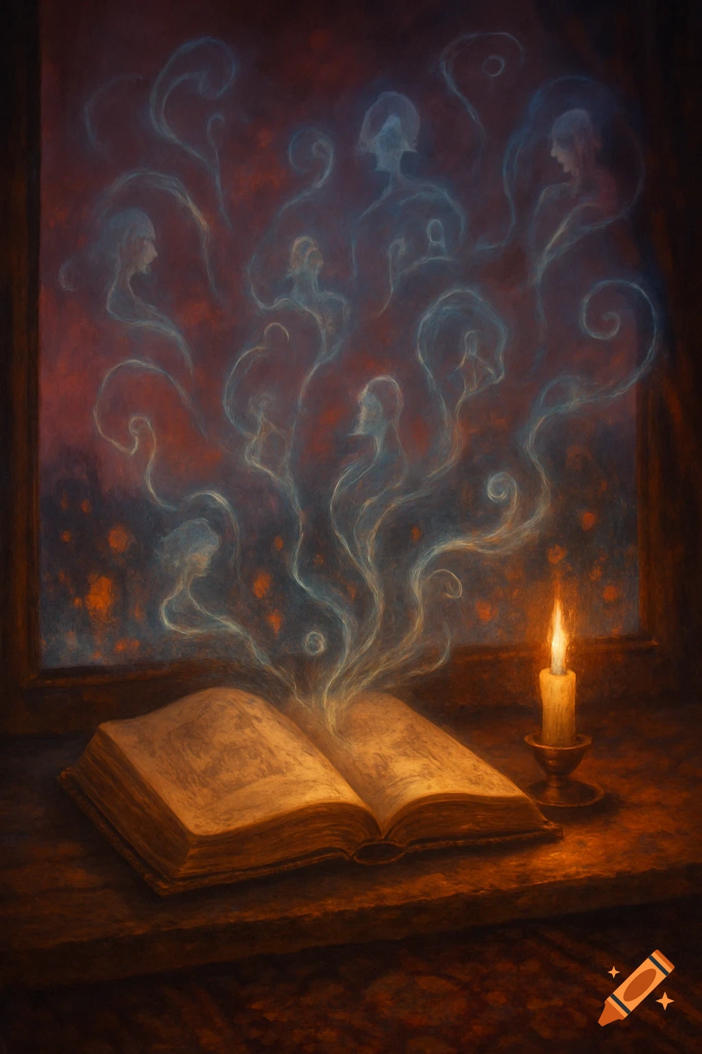 An old, open book glows with light, emitting ethereal, ghost-like figures into a dark room illuminated by a single candle on a table next to a window overlooking a cityscape. Stylized painting.