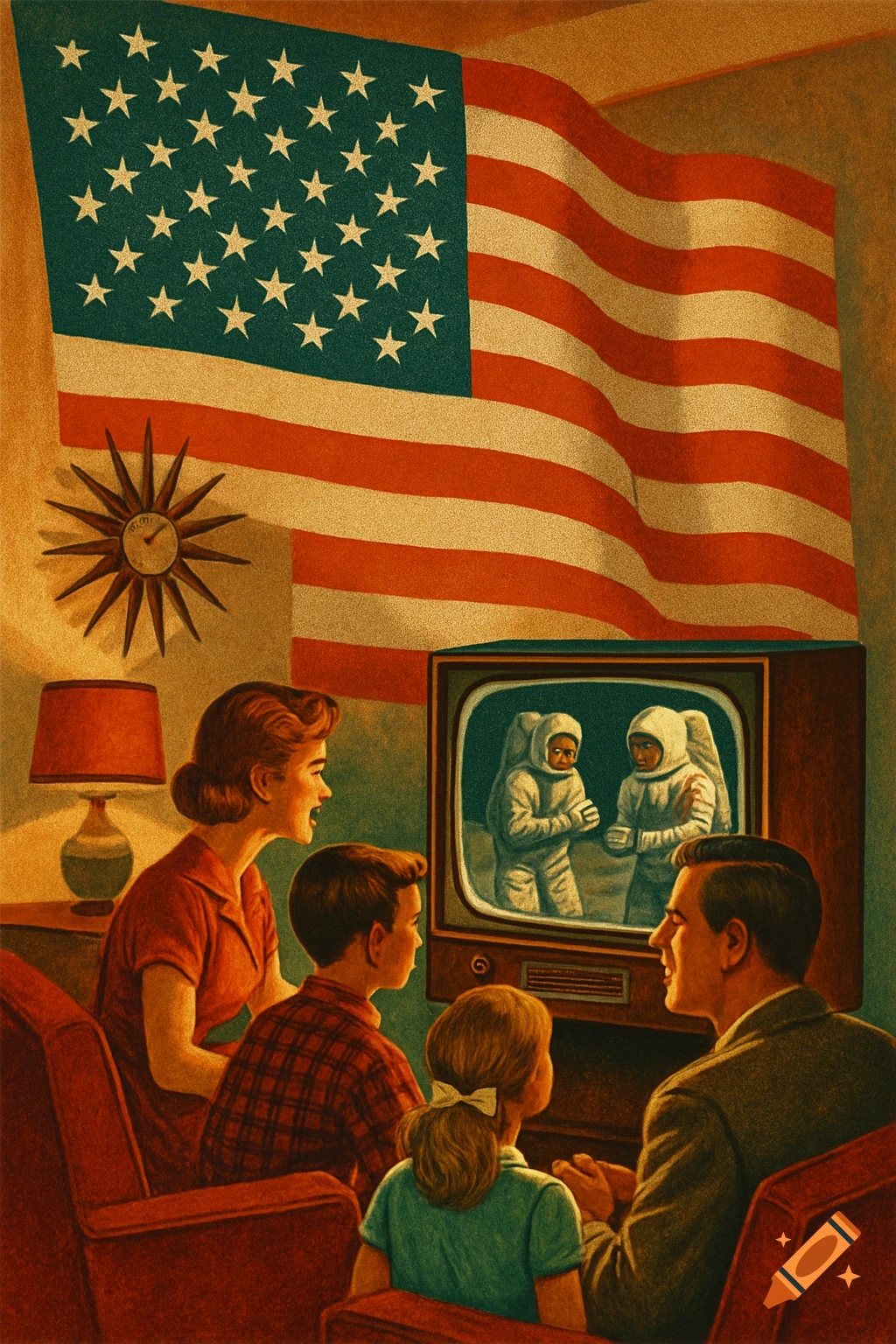 A vintage propaganda poster shows a family of four watching two astronauts on a television screen, with a large American flag behind them.