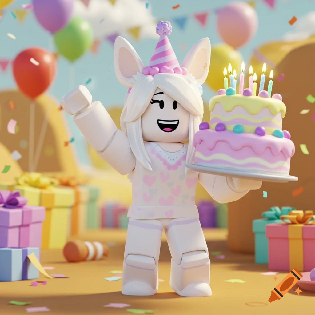 White Roblox-style character in a birthday hat holding a two-tier birthday cake with lit candles, surrounded by colorful balloons, confetti, and gifts.