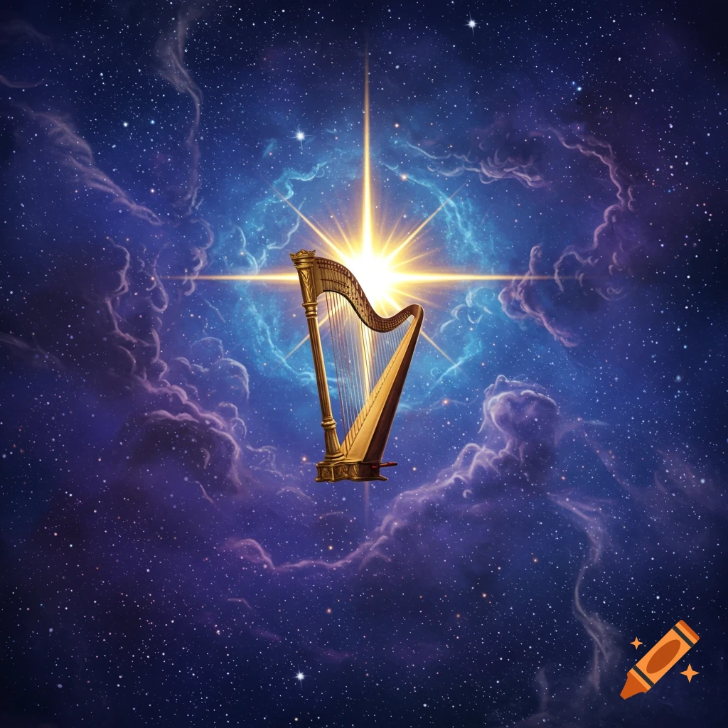 A golden harp floats in a dark blue celestial sky, illuminated by a brilliant star amidst sparkling nebulae.