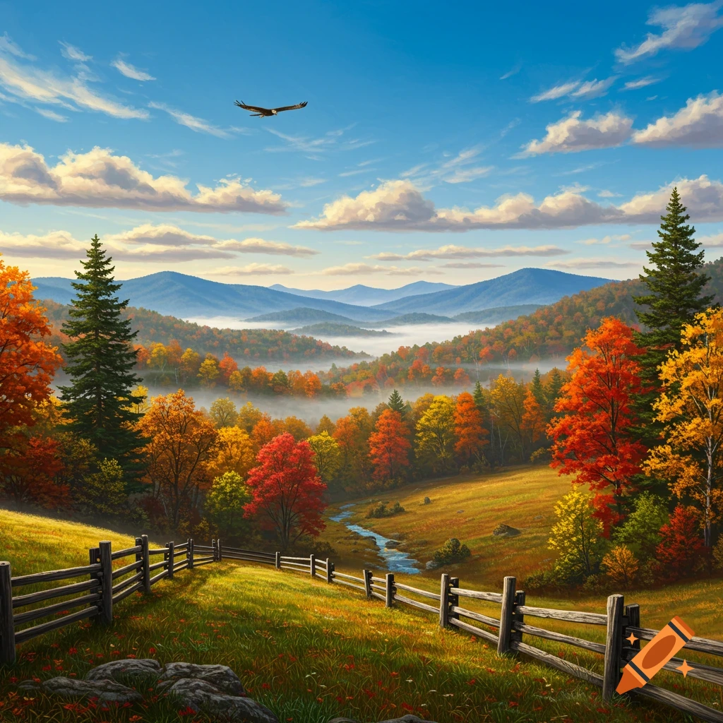 Vibrant autumn mountain landscape with colorful trees, a winding river, a wooden fence, and an eagle soaring under a blue sky.