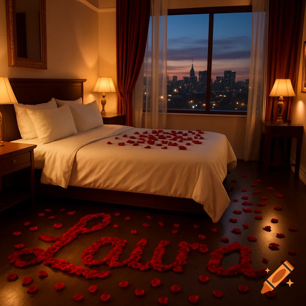 A romantic hotel room at dusk with rose petals spelling 'Laura' on the floor and a city skyline view from the window.