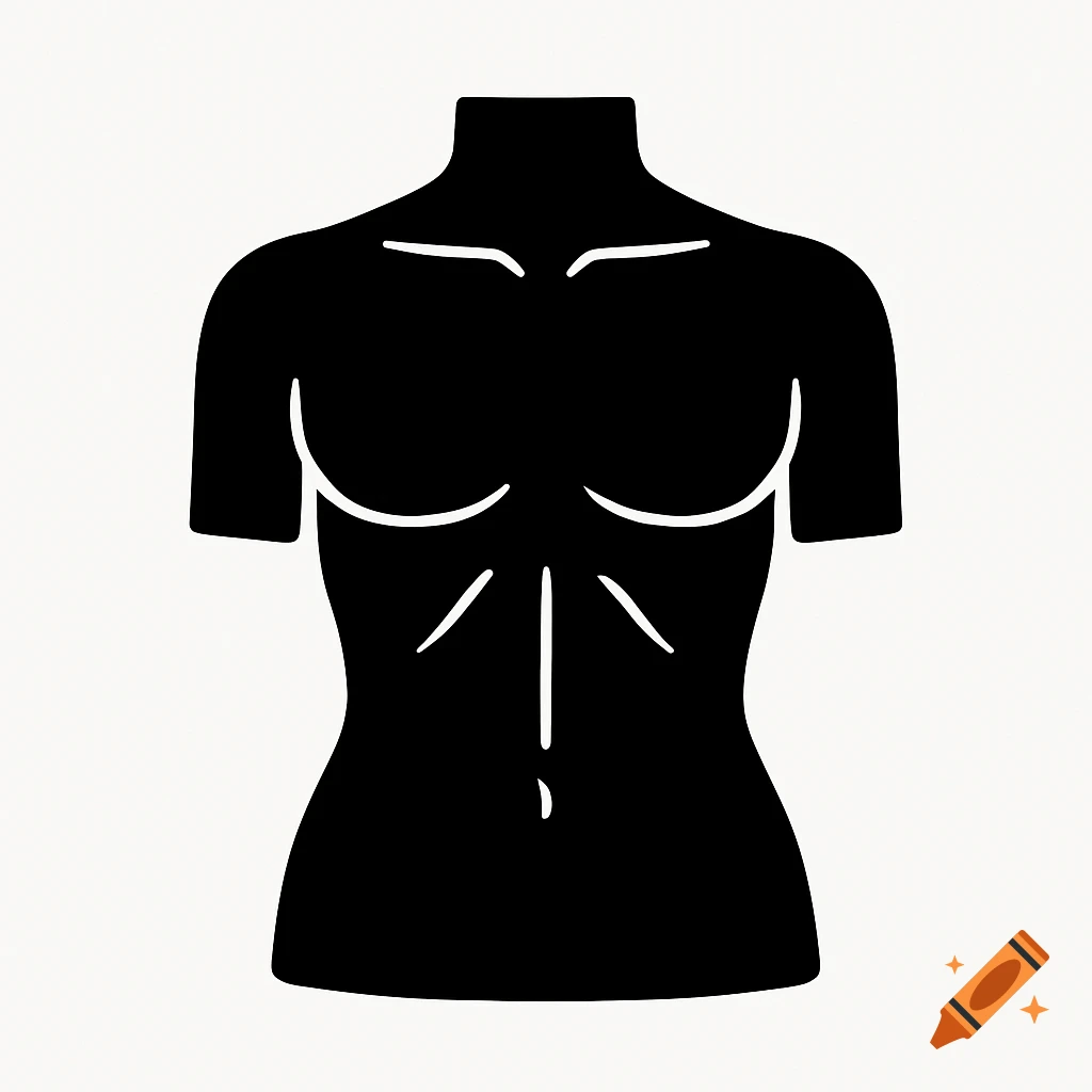 A black silhouette icon of a human torso with white line details on a white background, in a simple, schematic style.