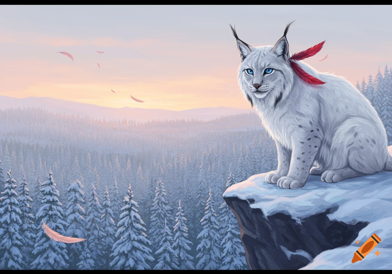 An illustration of a white lynx with blue eyes and red feathers sitting on a snowy cliff, overlooking a forest at sunset.