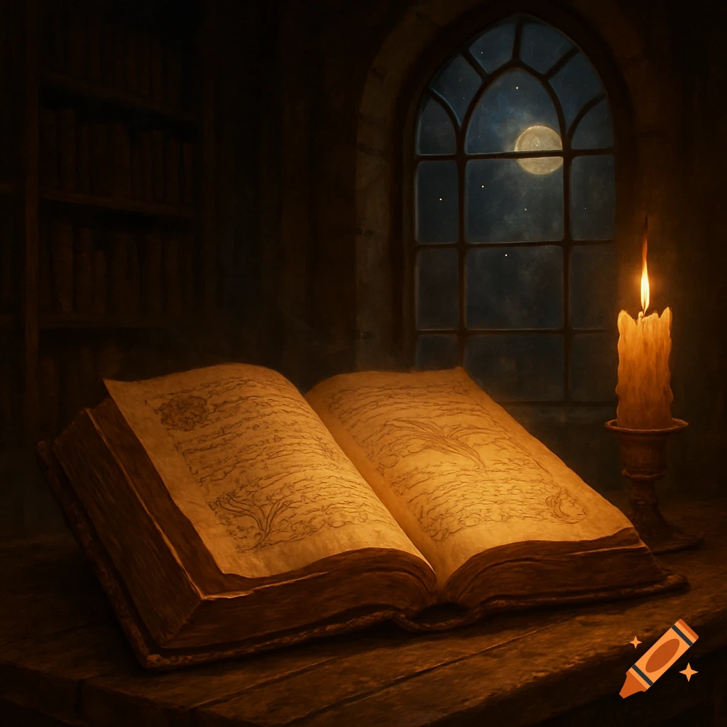 An old, glowing open book on a wooden table, lit by a candle. A full moon shines through an arched window at night.