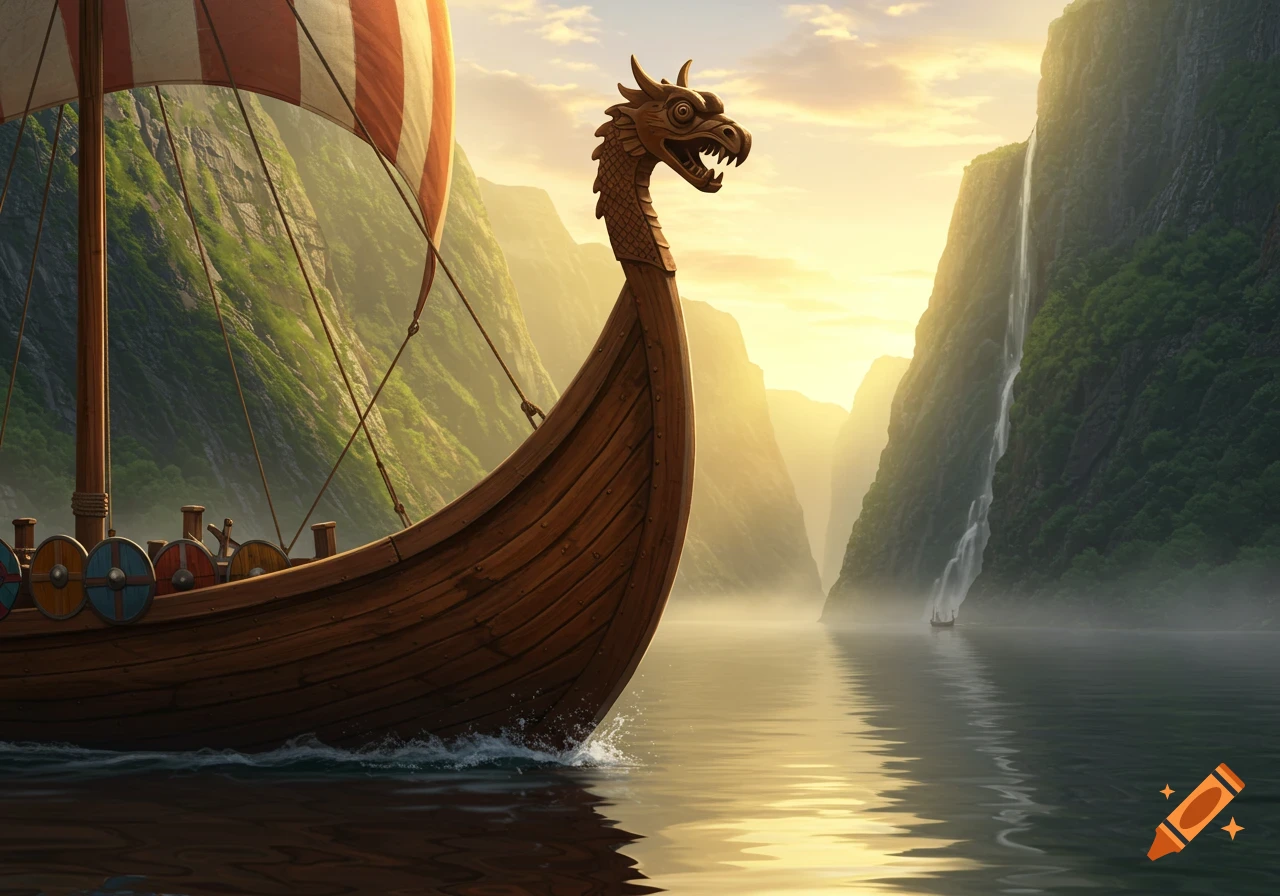 A Viking longship with a dragon head prow sails on a tranquil fjord at sunset, flanked by steep, lush mountains and a waterfall.