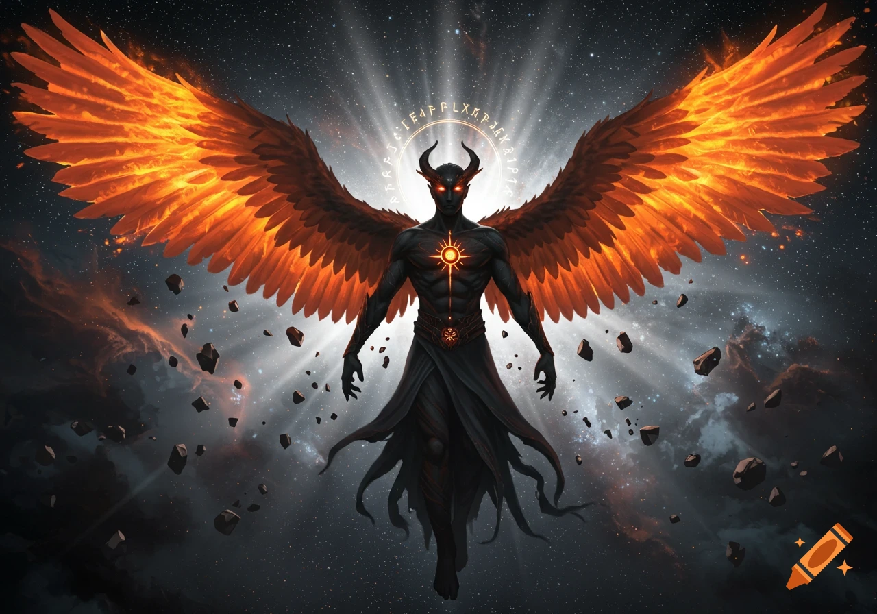 A dark, horned, winged figure with fiery orange wings and a glowing chest symbol floats in a starry cosmic background with floating rocks.