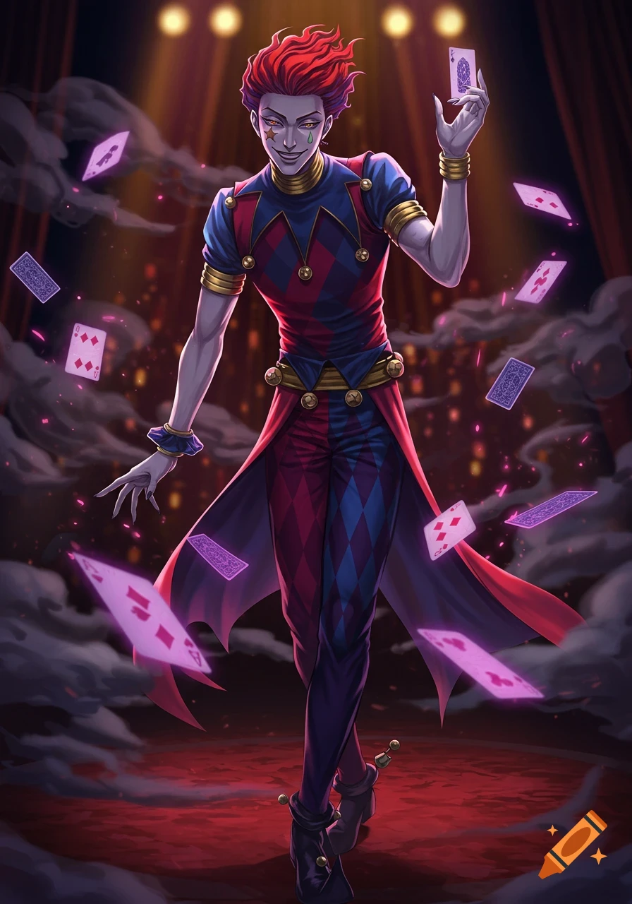 A smiling anime character, Hisoka, in a jester-like outfit, juggles glowing playing cards on a smoky stage with spotlights.